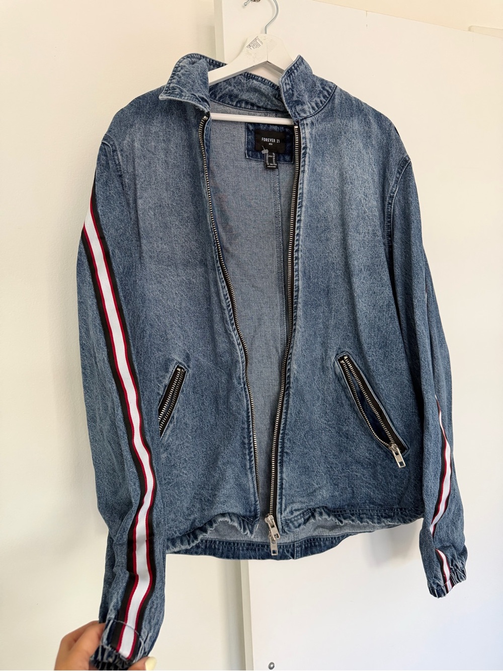 Forever 21 Blue Denim Jacket with Red & White Sleeve Stripes